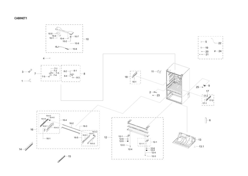 Cabinet 1 Diagram and Parts List for RF23R6201SR AA-54 Samsung Refrigerator
