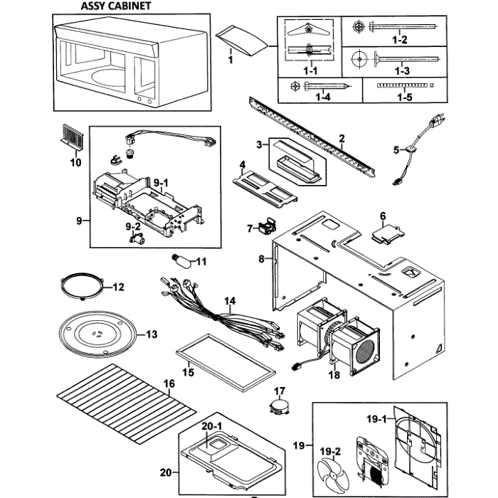 Cabinet 1 Assembly Diagram and Parts List for SMH8165ST XAA-00 Samsung Microwave