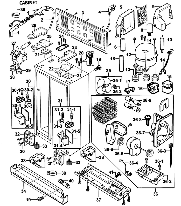 Cabinet Assy Diagram and Parts List for RS2578WW XAA-0000 Samsung Refrigerator
