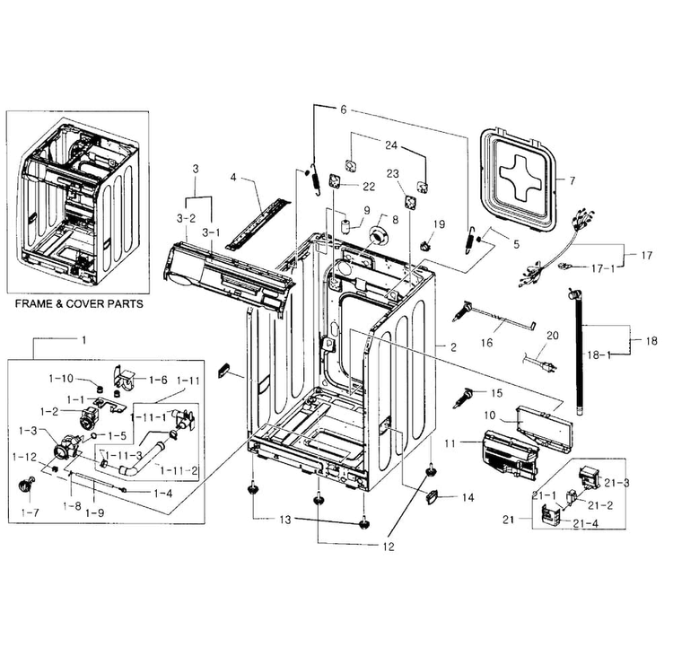 Frame & Cover Parts Diagram and Parts List for WF419AAW XAA-0004 Samsung Washer