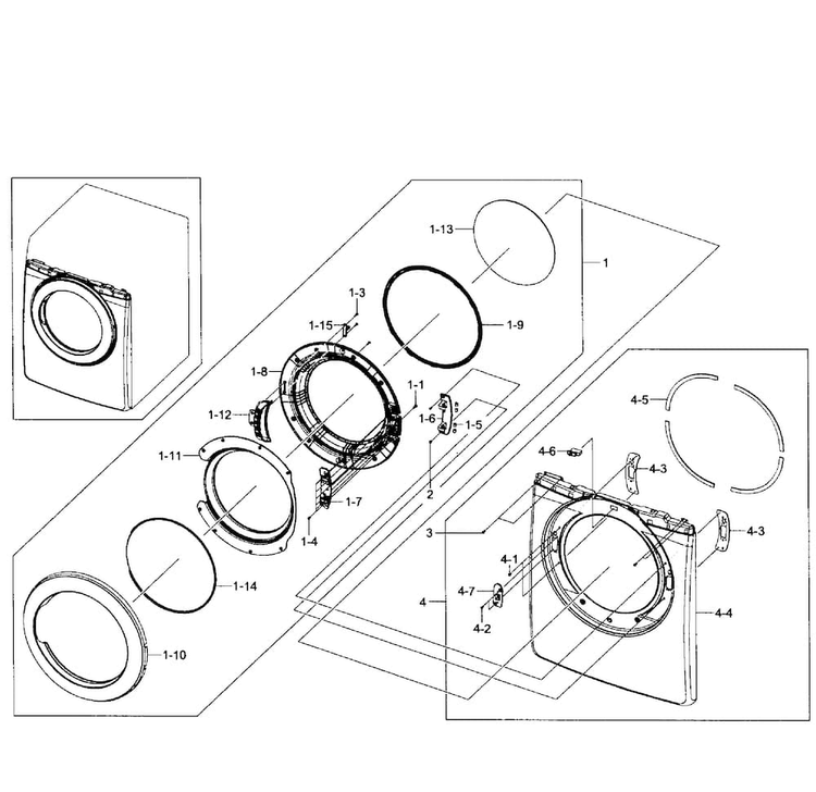Front Assy Diagram and Parts List for DV231AEW XAA-0001 Samsung Dryer