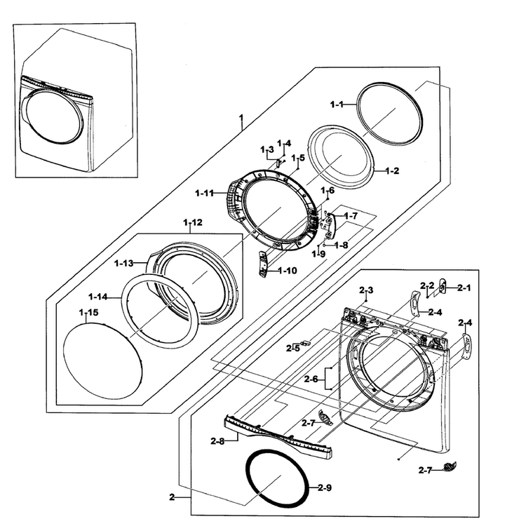 Frame Front & Door Diagram and Parts List for DV409AER XAA-0002 Samsung Dryer