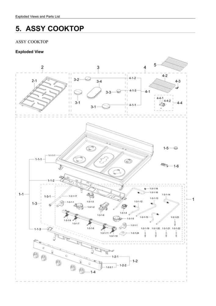 Cooktop Assembly Diagram and Parts List for NX60A6111SW AA-00 Samsung Range