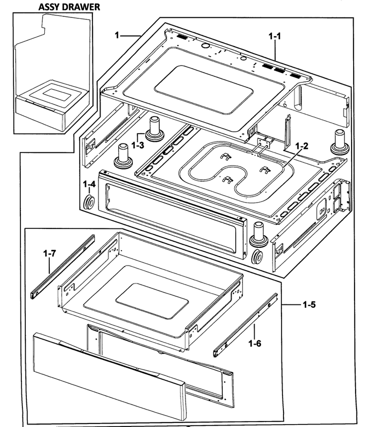 Drawer Assy Diagram and Parts List for FTQ353IWUB XAA-0000 Samsung Range