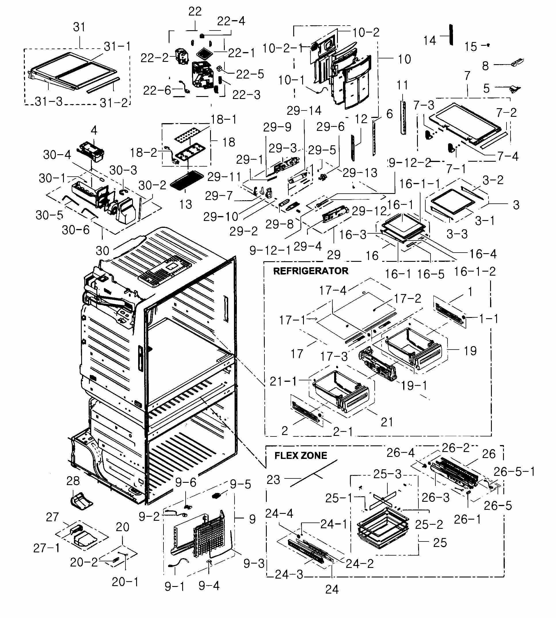 Refrigerator Diagram and Parts List for RF25HMEDBWW AA-0003 Samsung Refrigerator