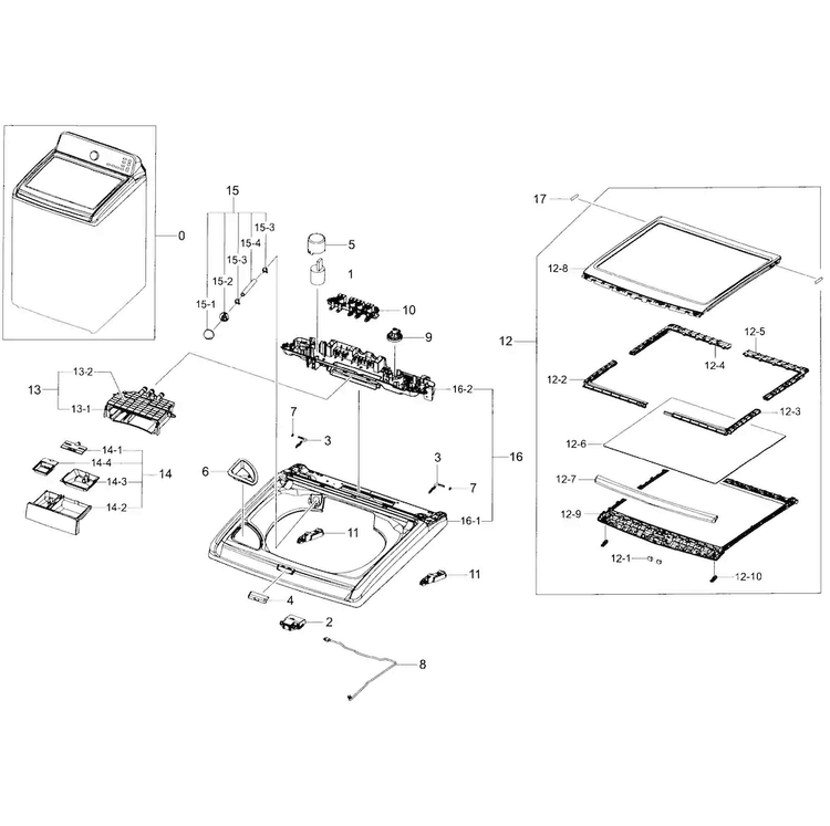 Top Section Diagram and Parts List for WA456DRHDWR AA-0004 Samsung Washer