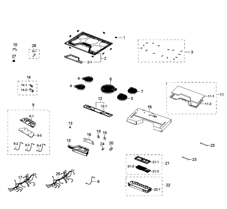 Main Asy Diagram and Parts List for NZ36K7570RS AA-0000 Samsung Cooktop