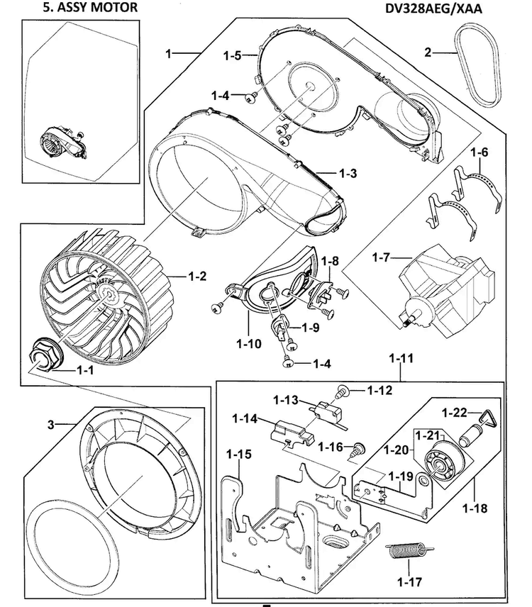 Motor Assy Diagram and Parts List for DV328AEG XAA Samsung Dryer