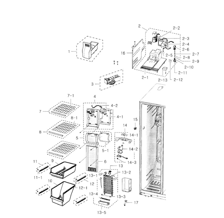 Freezer Diagram and Parts List for RS2530BSH XAA-0000 Samsung Refrigerator