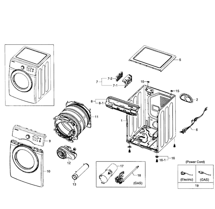 Main Assy Diagram and Parts List for DV231AGW XAA-0001 Samsung Dryer