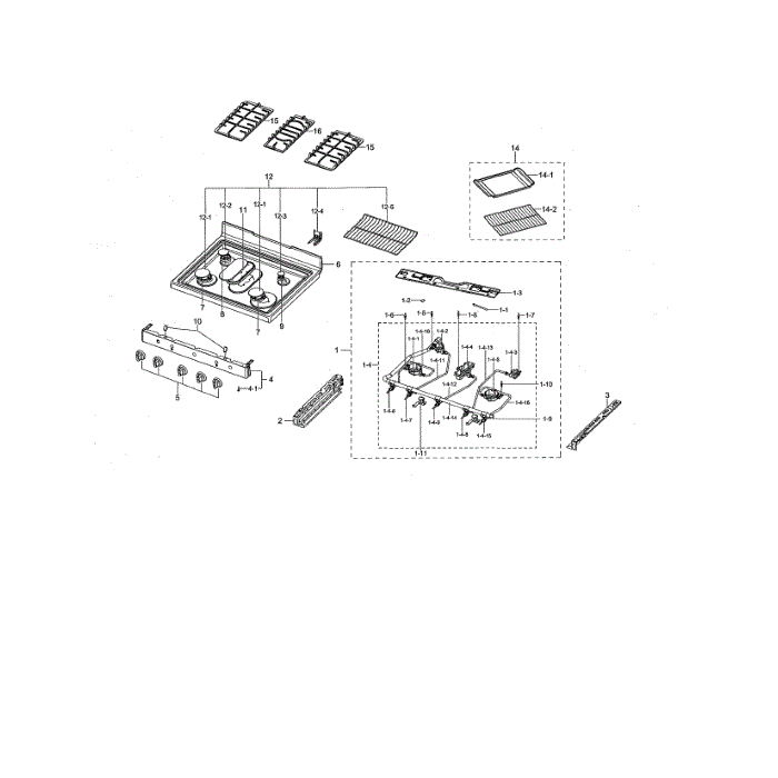 Cooktop Assembly Diagram and Parts List for NX58M5600SW AA-00 Samsung Range