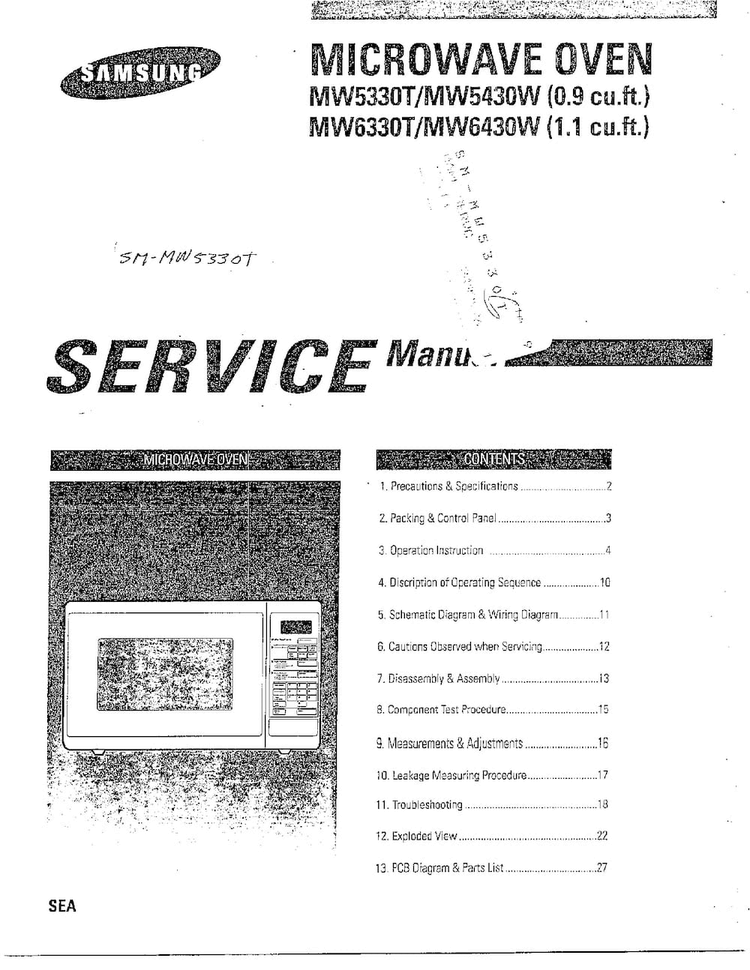 Microwave Oven/contents Diagram and Parts List for MW6330T XAA Samsung Microwave