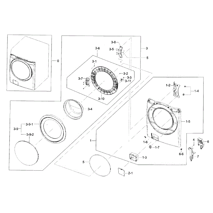 Frame Front And Door Diagram and Parts List for WF42H5000AW A2-00 Samsung Washer