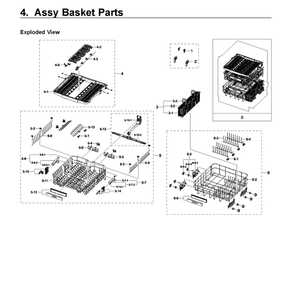 Basket Parts Assembly Diagram and Parts List for DW80R9950US AA-01 Samsung Dishwasher