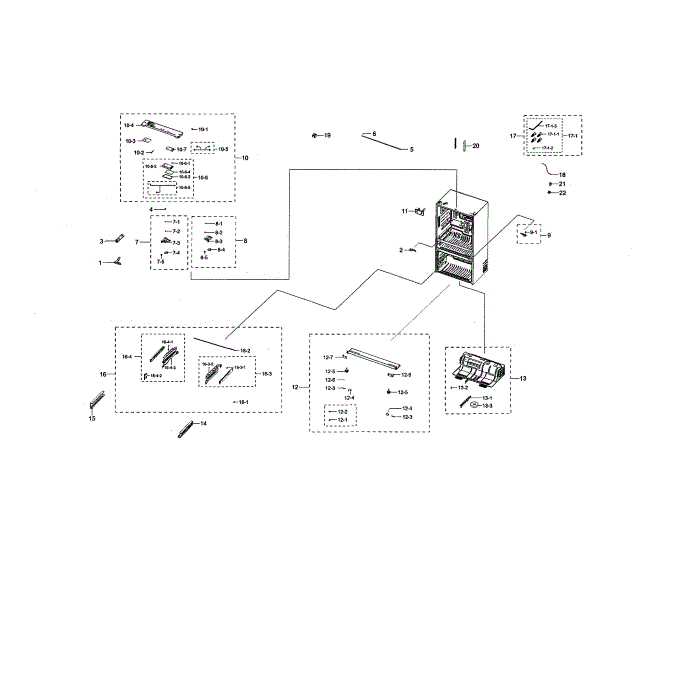 Cabinet 1 Diagram and Parts List for RF28NHEDBSR AA-00 Samsung Refrigerator