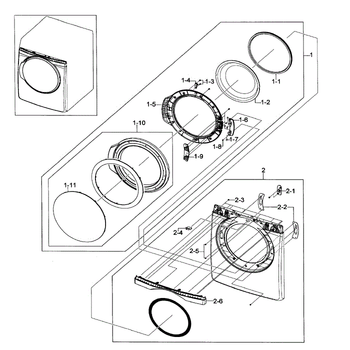 Front / Door Assembly Diagram and Parts List for DV419AEU XAA-01 Samsung Dryer