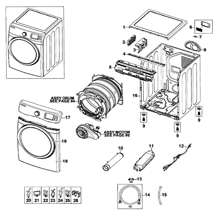 Main Assembly Diagram and Parts List for DV520AEP XAA-00 Samsung Dryer