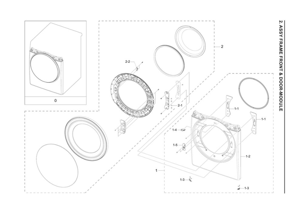 Front Frame/Door Module Assembly Diagram and Parts List for DVE50A8800V A3-00 Samsung Dryer