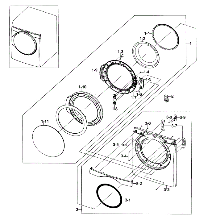 Front / Door Assembly Diagram and Parts List for DV448AEW XAA-02 Samsung Dryer
