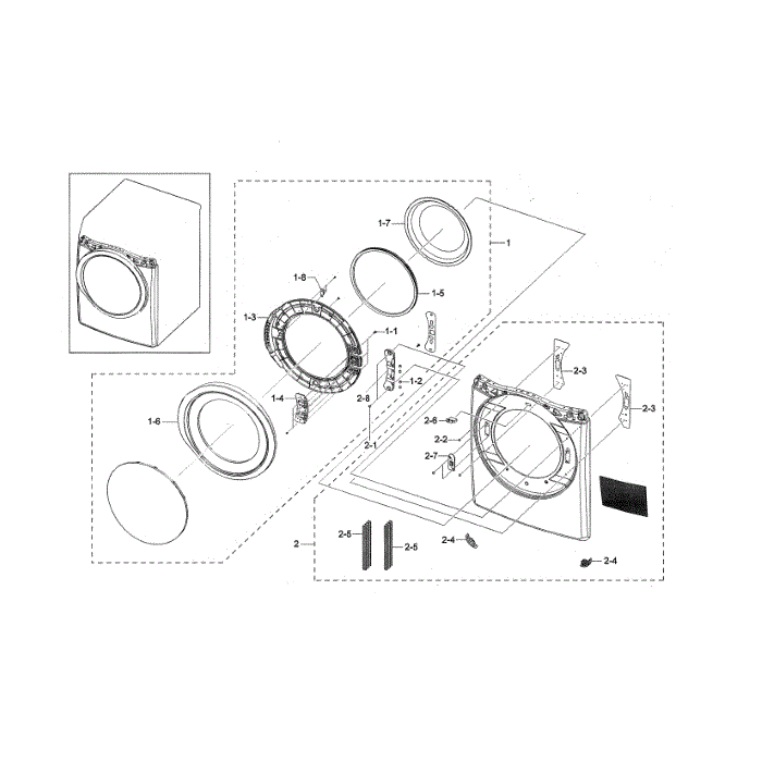 Front Frame / Door Diagram and Parts List for DVE45N5300F A3-00 Samsung Dryer