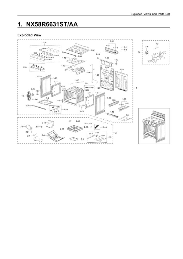 Main Assembly Diagram and Parts List for NX58R6631ST AA-00 Samsung Range