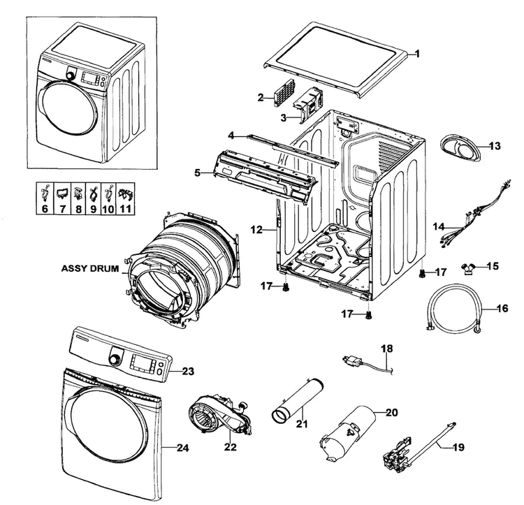 Main Assy Diagram and Parts List for DV419AGU XAA-0001 Samsung Dryer