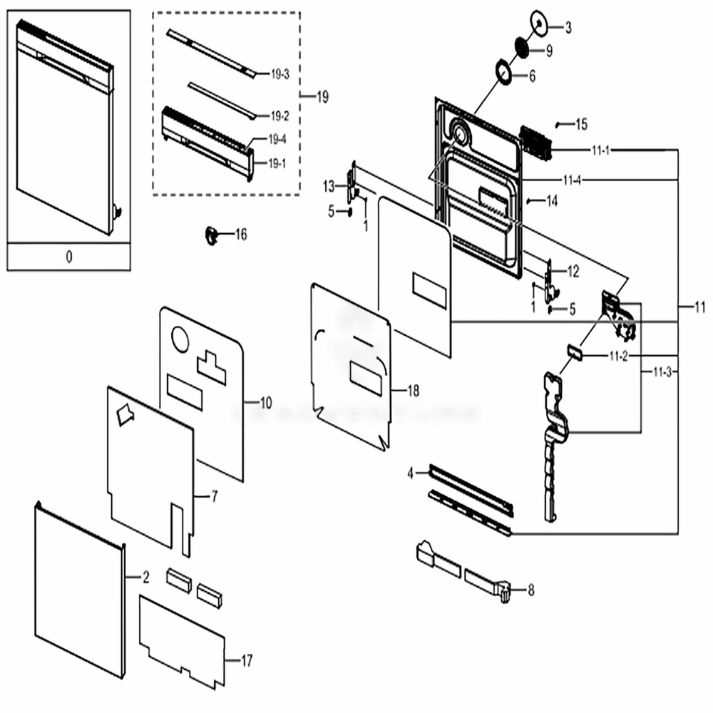 Assembly Door Diagram and Parts List for DW80K5050UG (AA)(0003) Samsung Dishwasher