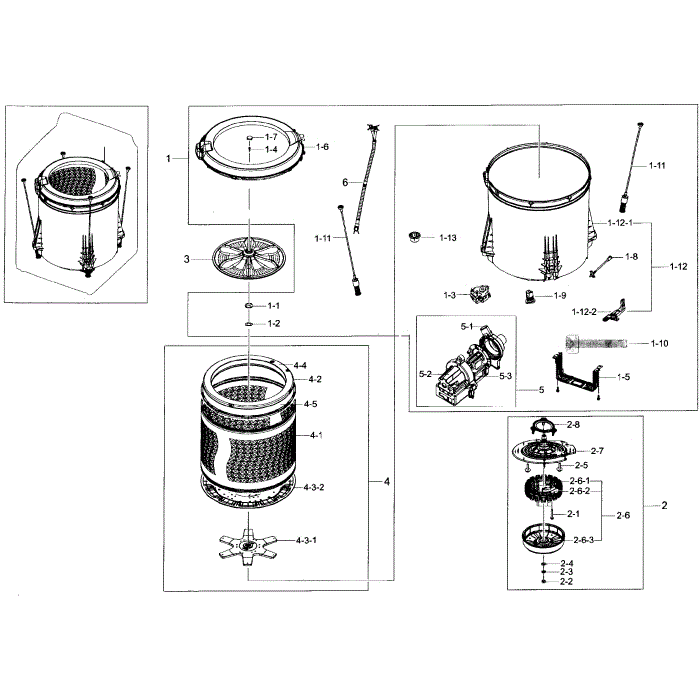 Tub Diagram and Parts List for WA48J7700AW A2-01 Samsung Washer