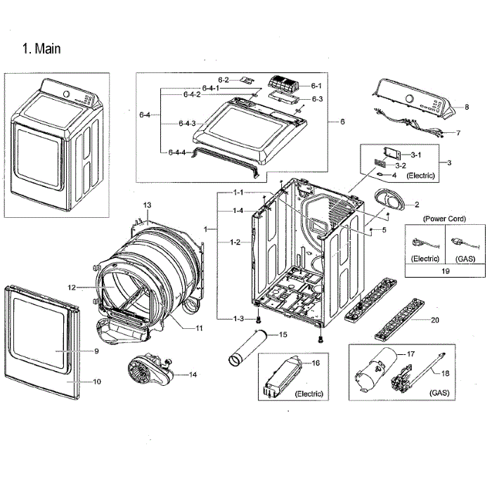 Main Assembly Diagram and Parts List for DVG52M7750V A3-00 Samsung Dryer