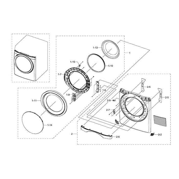 Front And Door Diagram and Parts List for DV511AGR XAA-03 Samsung Dryer