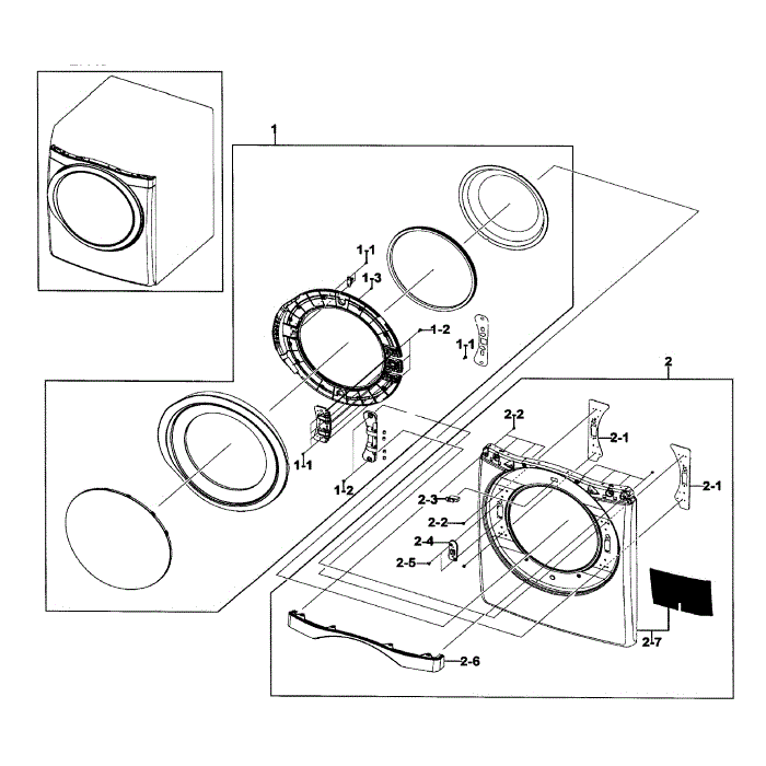 Front / Door Assembly Diagram and Parts List for DV511AGW XAA-01 Samsung Dryer