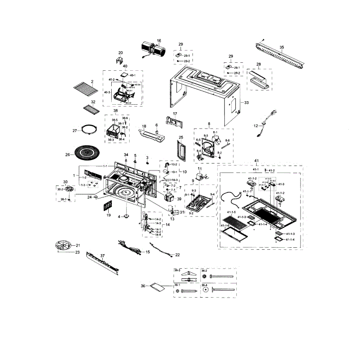 Main Assembly Diagram and Parts List for ME18H704SFS AA-01 Samsung Microwave Oven Combo