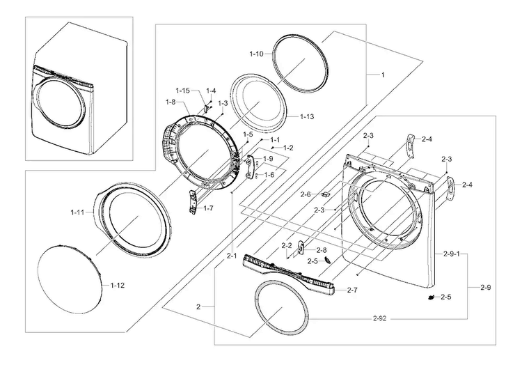 Front & Door Diagram and Parts List for DV405GTPASU AA-0000 Samsung Dryer