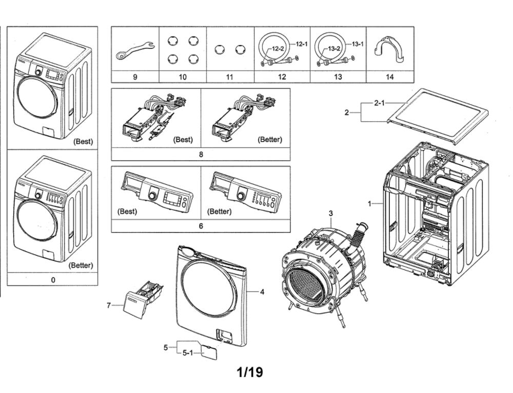 Main Diagram and Parts List for WF407ANW XAA-00 Samsung Washer