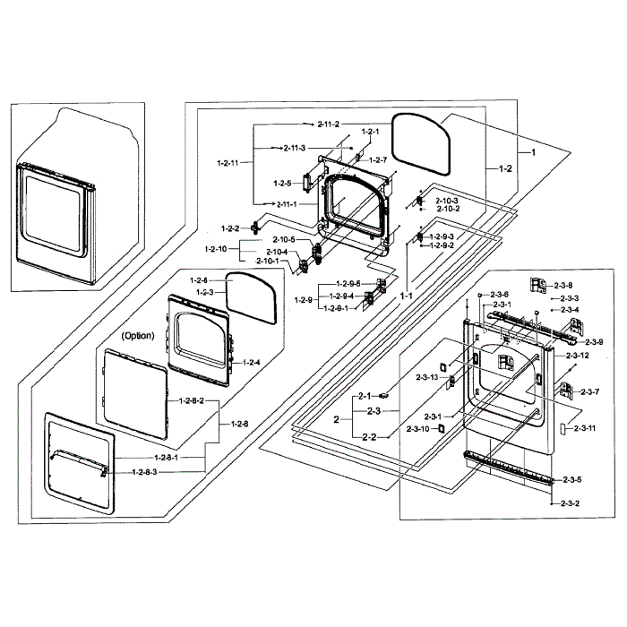 Front / Door Assembly Diagram and Parts List for DV50F9A6GVW A2-01 Samsung Dryer