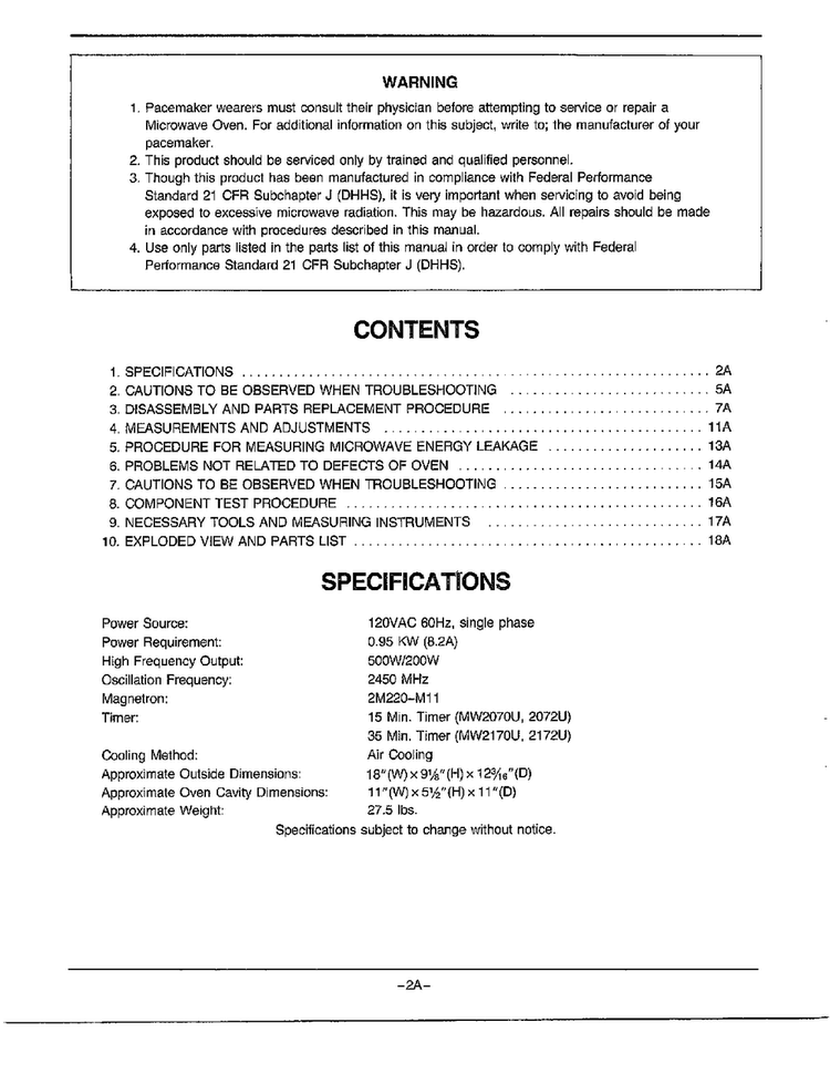 Warning/contents/specifications Diagram and Parts List for MW2070U XAA Samsung Microwave