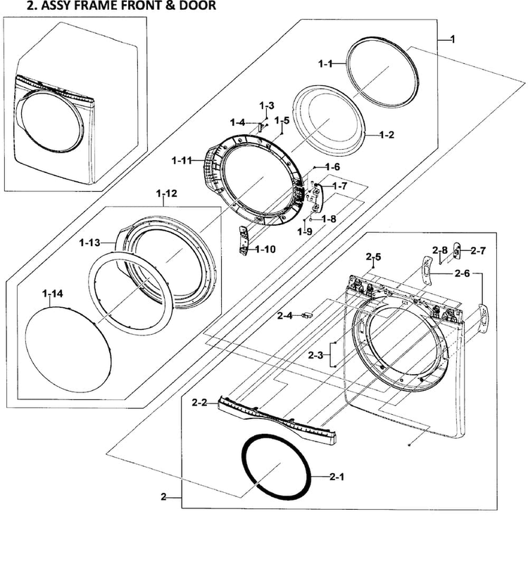 Front/door Assy Diagram and Parts List for DV419AGU XAA-0002 Samsung Dryer