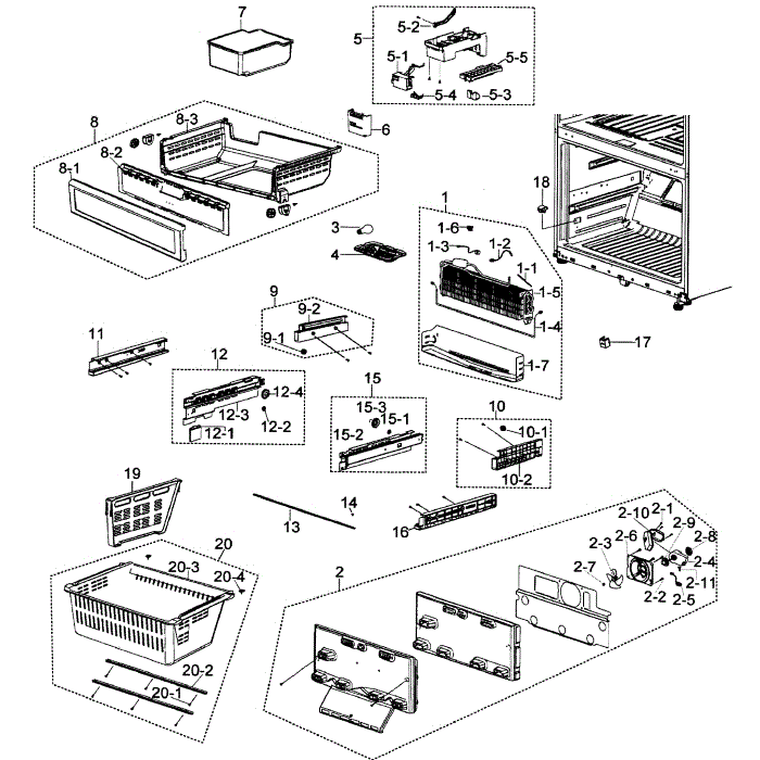 Freezer Diagram and Parts List for RF266AZWP XAA-00 Samsung Refrigerator