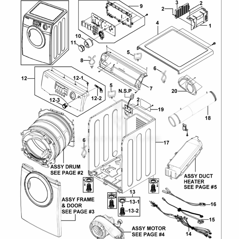 Main Diagram and Parts List for DV306LEW (XAA)(0001) Samsung Dryer