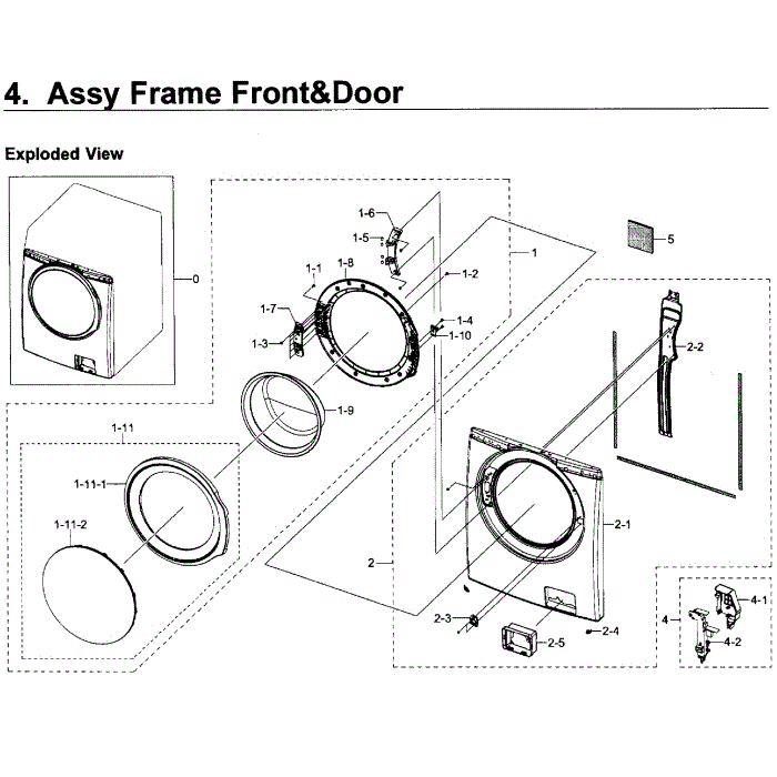 Frame Front And Door Diagram and Parts List for WF350ANP XAA-01 Samsung Washer