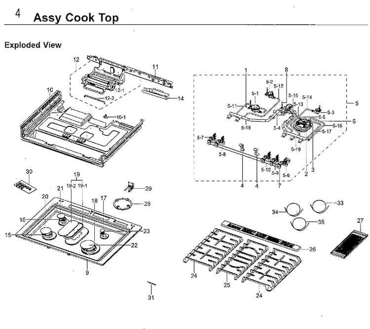 Cooktop Diagram and Parts List for NX58H9950WS AA-0001 Samsung Range