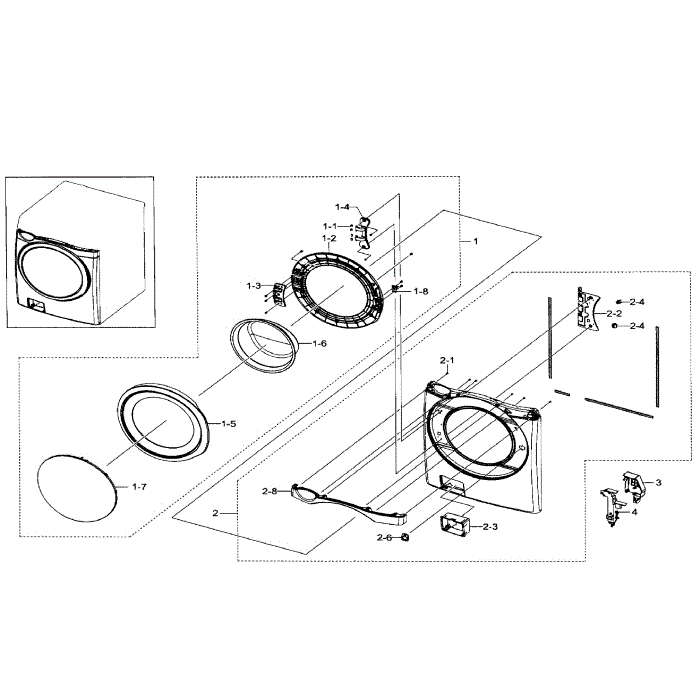Frame Front And Door Diagram and Parts List for WF511ABW XAA-01 Samsung Washer