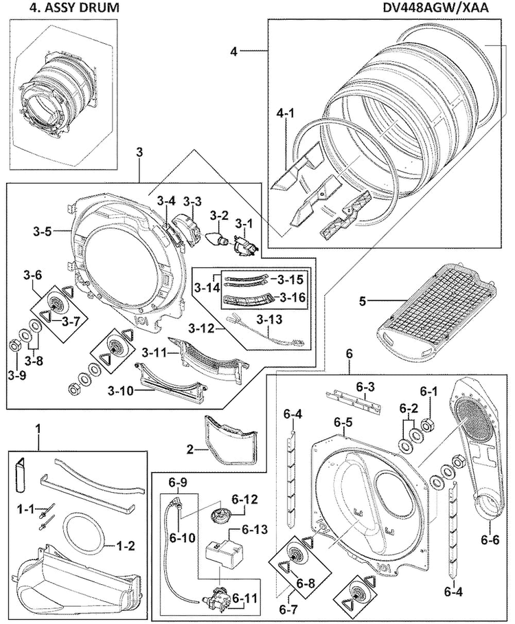 Durum Assy Diagram and Parts List for DV448AGW XAA-0000 Samsung Dryer