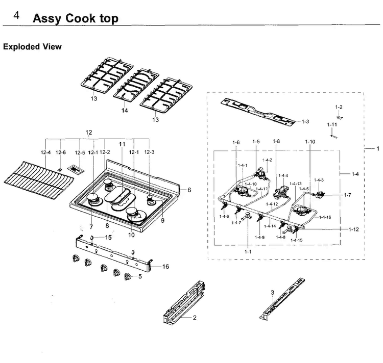 Cooktop Diagram and Parts List for NX58K3310SS AA-0000 Samsung Range