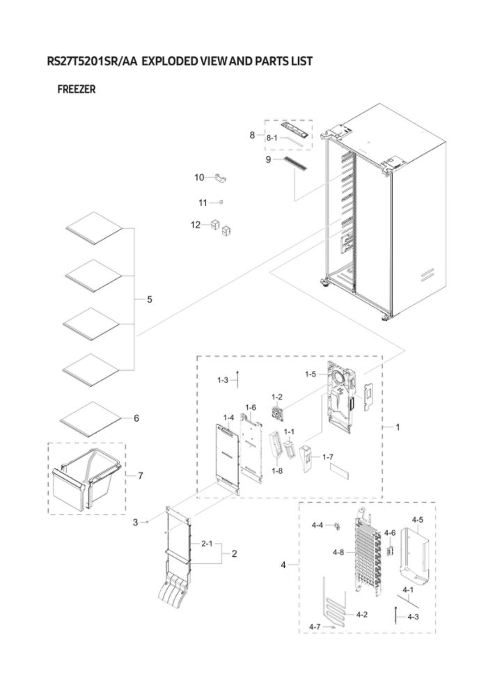 Freezer Parts Diagram and Parts List for RS27T5201SR AA-00 Samsung Refrigerator