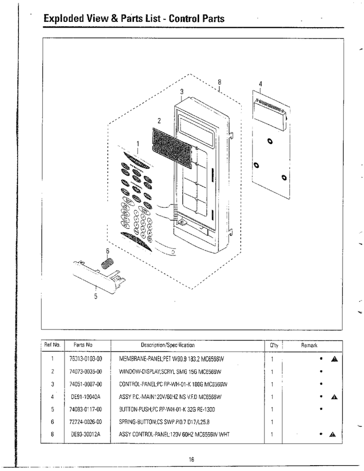 Control Parts Diagram and Parts List for MC6566W XAA Samsung Microwave