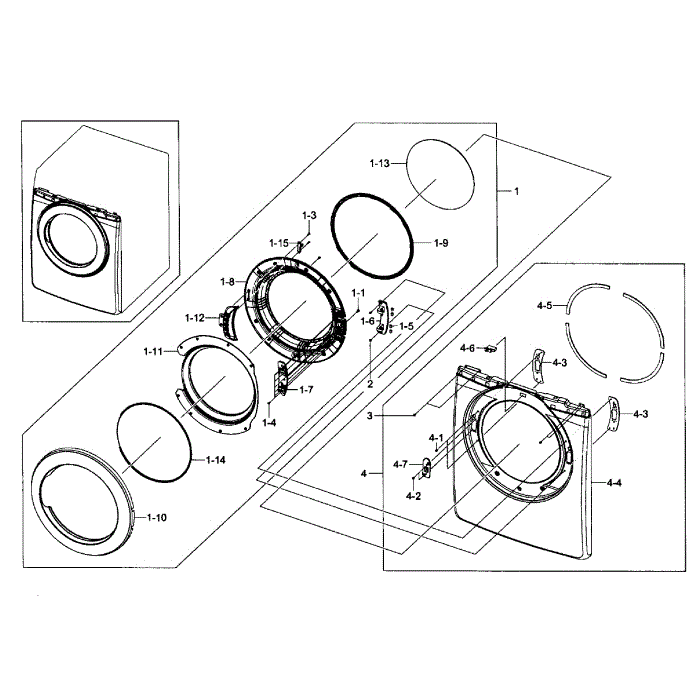 Front / Door Assembly Diagram and Parts List for DV361GWBEWR A3-01 Samsung Dryer
