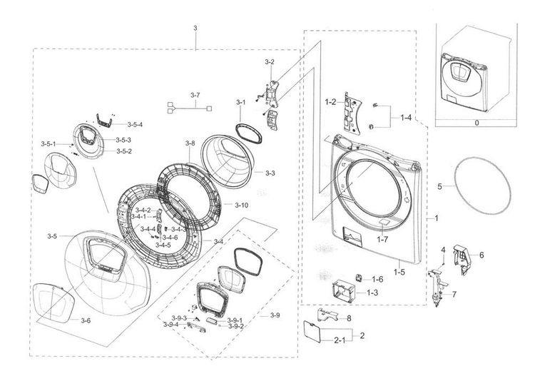 Frame Front & Door Diagram and Parts List for WF45K6200AW A2-0000 Samsung Washer