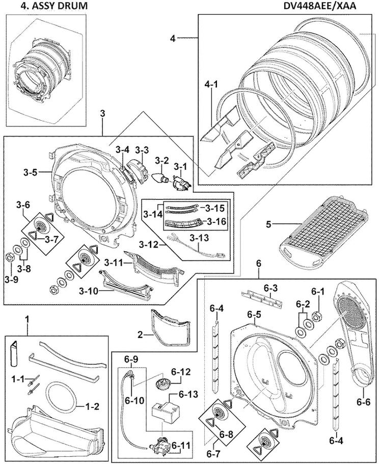 Drum Assy Diagram and Parts List for DV448AEE XAA-0000 Samsung Dryer