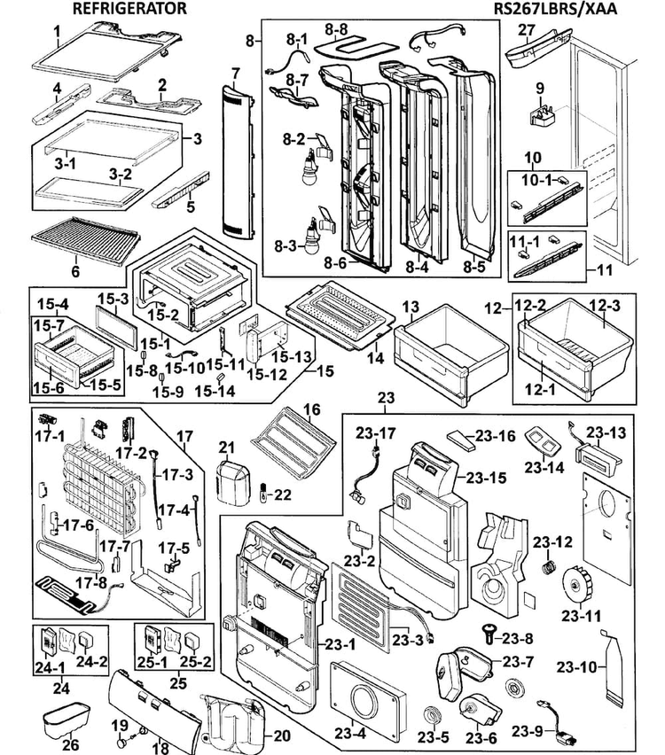 Refrigerator Diagram and Parts List for RS267LBRS XAA-0000 Samsung Refrigerator